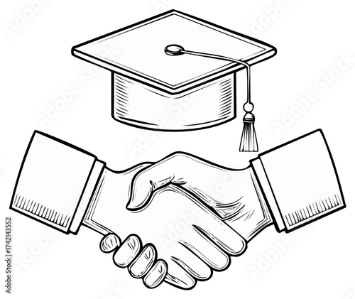 Handshake under Graduation Cap, Illustrative Symbol of Achievement, Agreement, Education