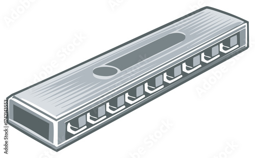 Classic blues harp harmonica musical instrument shown in a grayscale vector illustration