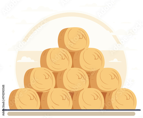 Stacked Hay Bales in a Pyramid on a Farm Background in an Illustration Style