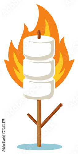 Three white marshmallows stacked on a wooden stick roasting over a bright orange fire