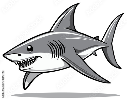 Cartoon shark illustration; Gray and white shark with pointy teeth and fins. Vector drawing of aquatic predator.