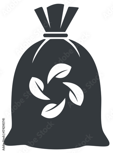 Dark gray garbage bag icon with four white stylized leaves inside forming a circular pattern