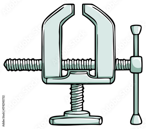 A gray metal bench vise clamp with screw and handle in a clean cartoon illustration style
