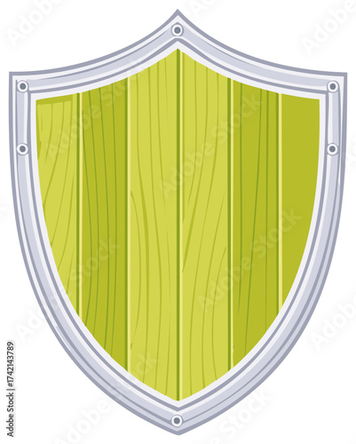 Green wooden shield with silver frame and rivets emblem for protection and security