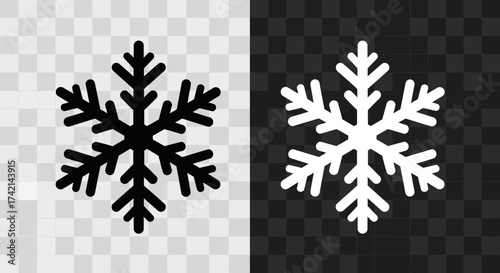 A Simple Black Snowflake Silhouette on a Transparent Checkerboard Background and a White Snowflake Silhouette on a Dark Transparent Checkerboard Background