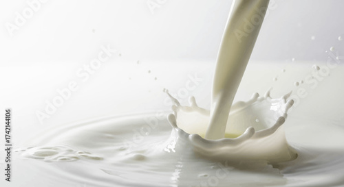 Pure White Milk Pouring Creating Splashes and Ripples on a Clean Background