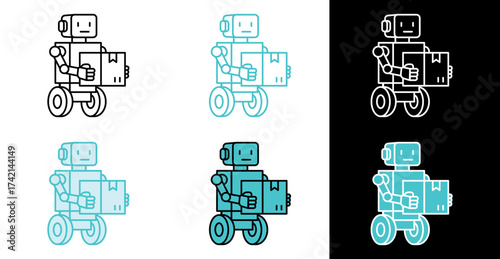 Delivery robot on wheels holding package icon for automated shipping in line and fill style