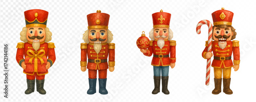 Classic Christmas nutcracker soldiers watercolor set, red and gold festive toy guards collection, holiday decorations, vintage wooden soldier figurines, traditional Xmas art. Vector illustration.
