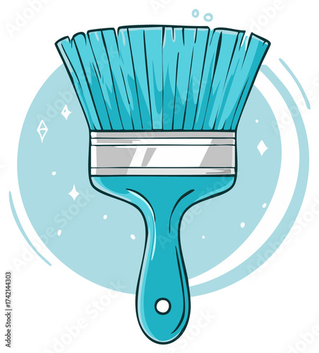 Turquoise paint brush with sparkling clean aesthetic and stylized blue background