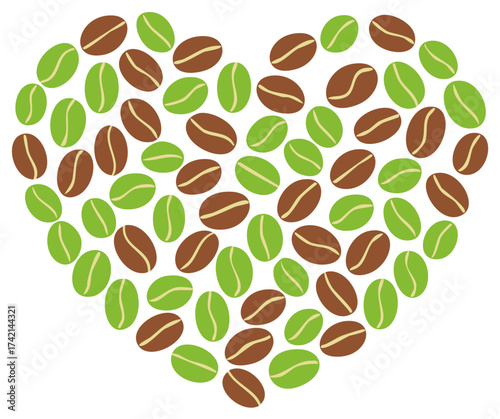 Vibrant green and roasted brown coffee beans arranged in a beautiful heart shape graphic illustration