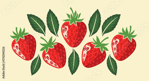 A Delightful Arrangement of Fresh Ripe Strawberries and Green Leaves Forming a Beautiful Decorative Pattern on a Pale Yellow Background
