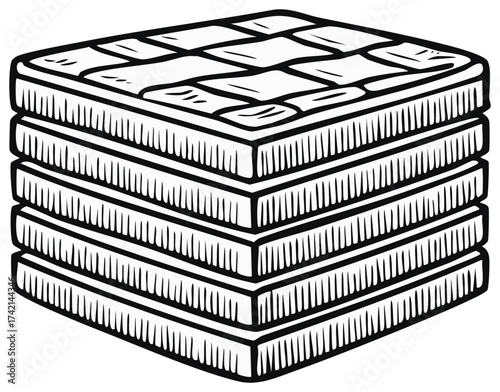 Stack of five flat quilted mattresses in a simple graphic illustration