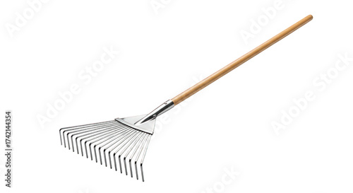 Metal leaf rake with wooden handle isolated on transparent background