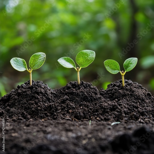 Green Seedlings Growing in Rich Dark Soil Under Natural Light