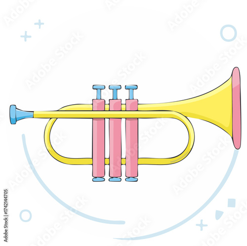 Illustration of a yellow trumpet with pink valves and blue accents