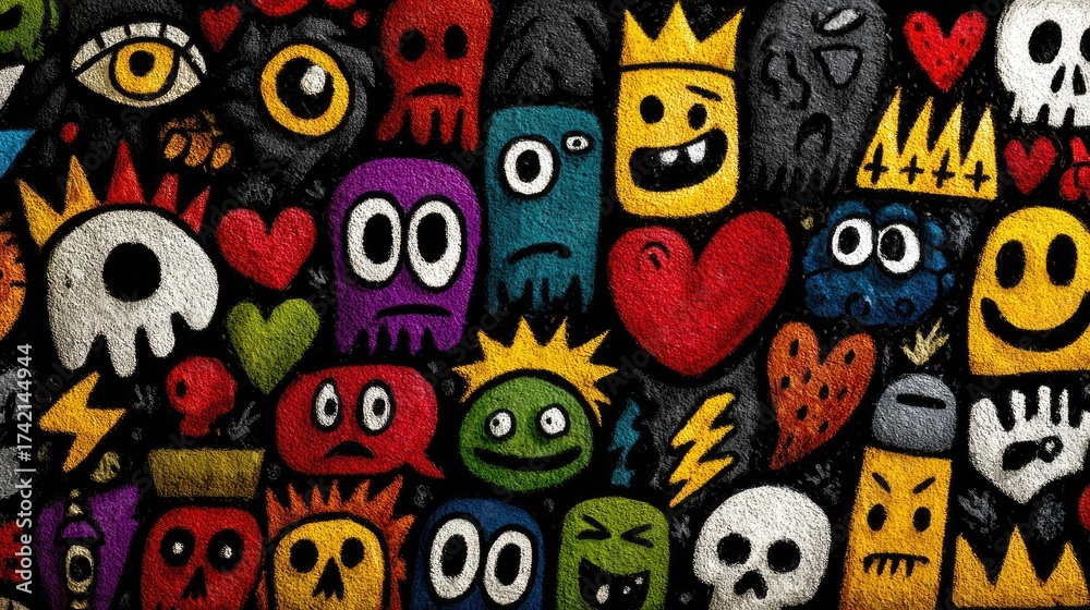 Fototapeta premium Colorful Abstract Doodle Pattern with Fun Shapes and Faces, Hand drown 