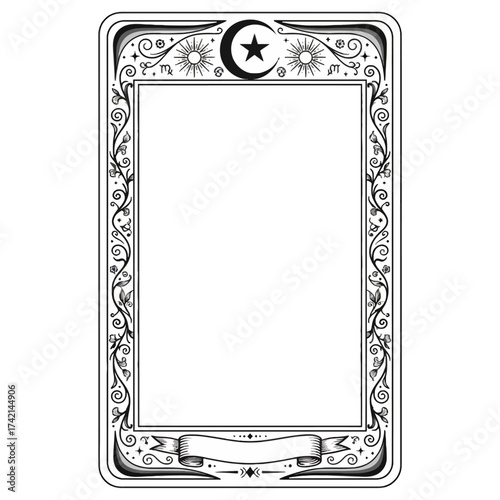 Detailed Tarot Card Frame Vector: Mystical Witchcraft Border with Star, Crescent, Sun, and Ornate Flourishes