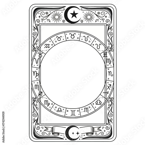 Celestial Zodiac Card Design: Rectangular Frame with Astrological Symbols, Crescent Moon, and Stars, an Astrology Frame