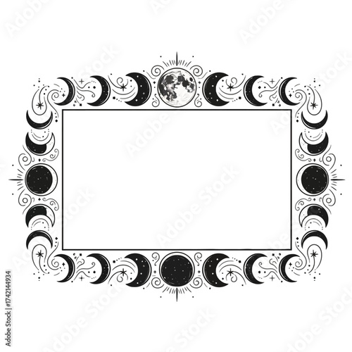 Mystical Full Moon and Crescent Cycles Border: Engraving of Lunar Phases Rectangular Frame, a Moon Phase Frame