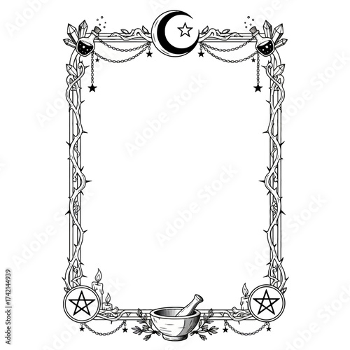 Mystic Altar Decor Border: Engraving of Crescent Moon, Pentagrams, Candles, and Mortar and Pestle, a Witchcraft Frame