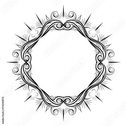 Ornate Vintage Scrollwork Circular Border: Black and White Decorative Flourish Frame with Sunburst Spikes, a Spiritual Energy Frame