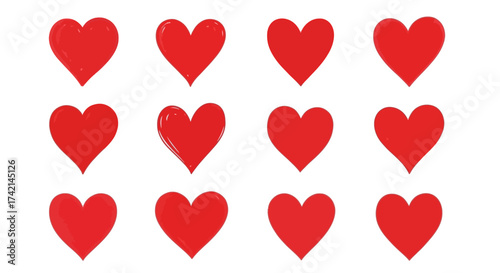 A Collection of Twelve Vivid Red Hearts Displayed on a Clean White Background Representing Love and Affection
