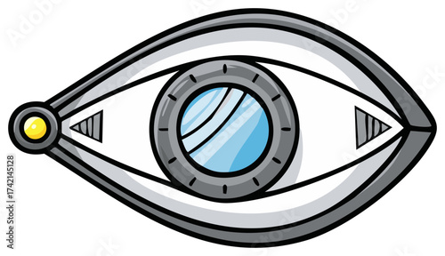 Futuristic Robotic Eye with Metallic Accents and Blue Lens