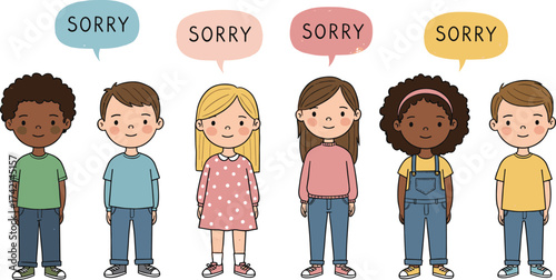 Children saying sorry illustration, diverse kids, speech bubbles, emotional expression, cartoon style, hand-drawn vector, white background, social learning concept