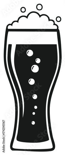 Black and white vector beer glass icon with foam and bubbles graphic
