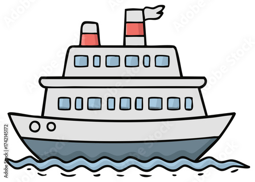 Illustration of a Cartoon Cruise Ship with Windows and Waves
