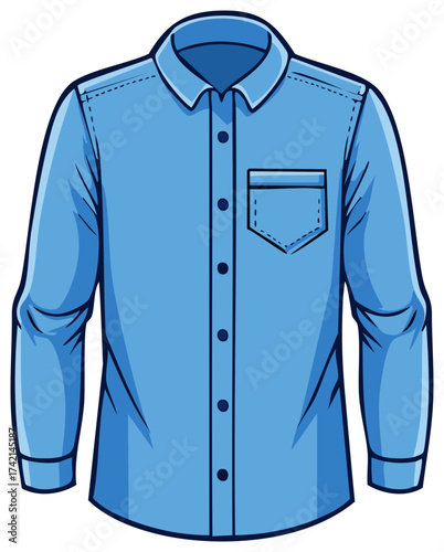 Blue button-down shirt illustration with pocket, collar, and long sleeves for apparel.