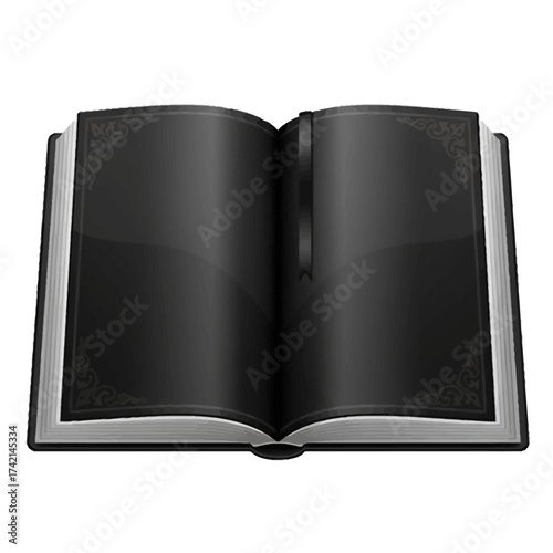 Opened Sacred Text Book: Realistic Glossy Black Pages with Decorative Embossing and Bookmark, a Holy book frame