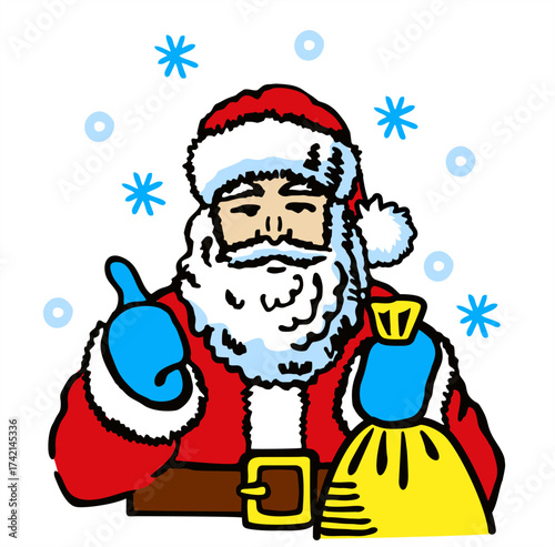 Santa Claus gives thumbs up. Santa Claus bring present in sack. Merry Christmas designs. Traditional Christmas and New Year character
