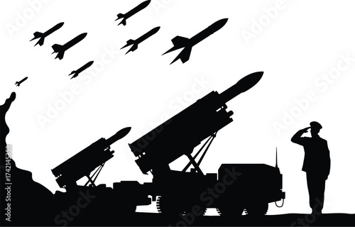 Military salute as missiles launch into the sky during a dramatic defense operation.