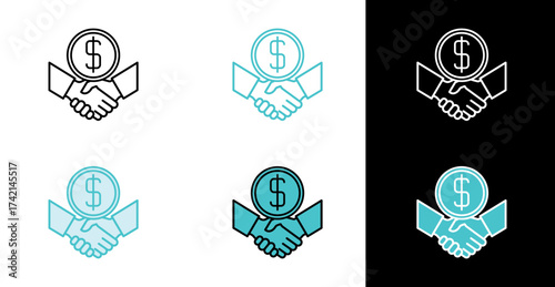 Financial agreement handshake icon for contract negotiation and business funding in line and fill style