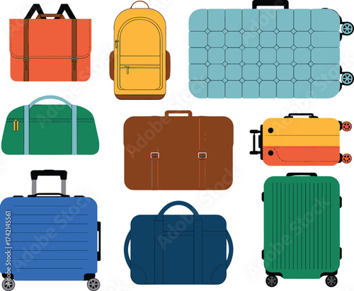 Travel bag illustration, suitcase collection, duffel bags, backpacks, briefcases, rolling luggage, hand-drawn vector, white background, vacation gear, travel accessory