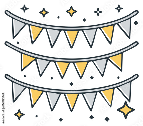 Festive party bunting banner decoration, flat illustration, birthday flags and stars, holiday celebration