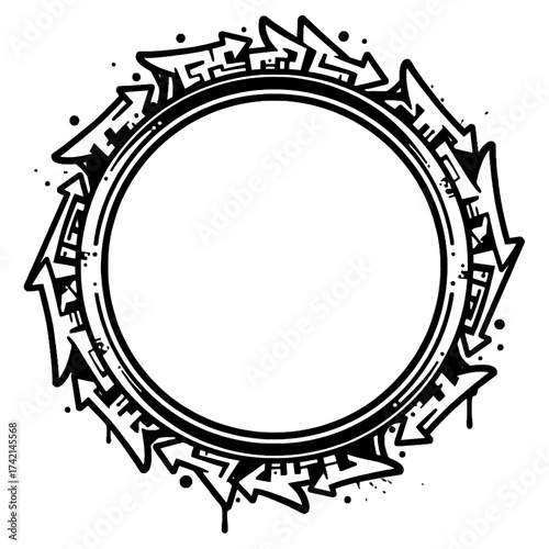 Circular Street Art Frame Vector, Urban Graffiti Style Border with Arrows and Paint Drips