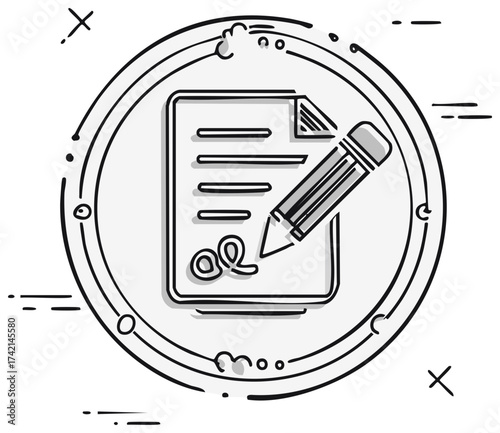 Hand Drawn Contract Illustration with Signature & Pencil, Doodle Style