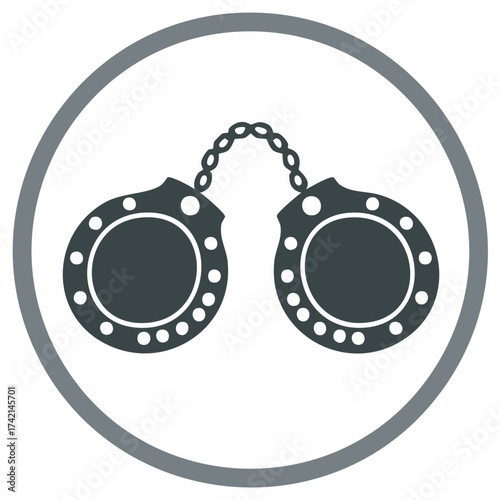 Handcuffs graphic within a circle symbol. Law enforcement, detention, and justice theme.