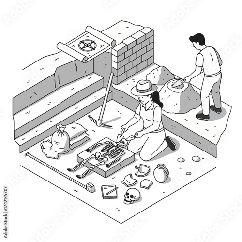Isometric Archaeologist Vector Illustration, Woman Excavating Skeleton Remains at Dig Site