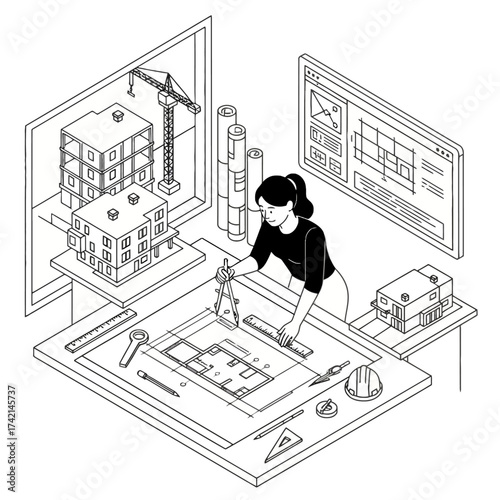 Isometric Architect Vector Illustration, Female Engineer Working on Blueprint and 3D Construction Model