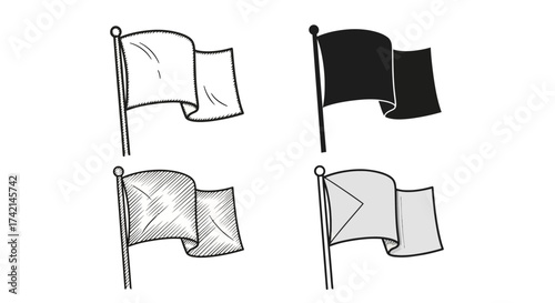 Four Simple Drawings of Flags Waving Gently on Poles Showing Different Styles and Shades of Gray with a Blank White One Also Present