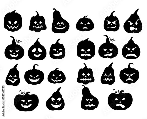 Pumpkins icons. black halloween pumpkin silhouette set isolated on white background. Set of emoticon pumpkins