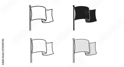 Four Illustrated Flags Displaying Different Colors and Patterns On Poles Awaiting Wind To Wave Them Proudly In The Air
