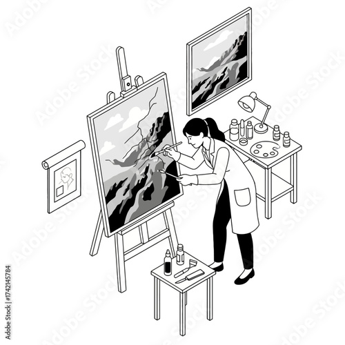 Isometric Artist Woman Painting Vector Illustration, Female Painter Working in Art Studio