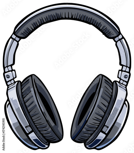 Stylized Silver Headphones with Black Cushions: Music, Audio, Entertainment, Isolated