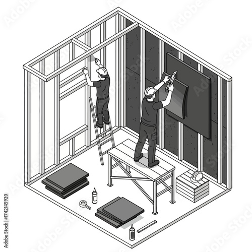 Insulation Worker.ai: Construction Trade and Building Energy Efficiency Installation Vector Illustration