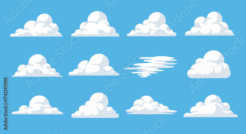 Collection of various fluffy white cumulus clouds against a clear blue sky illustration