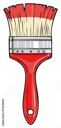 Red handled paint brush with cream bristles tipped in red paint artistic tool